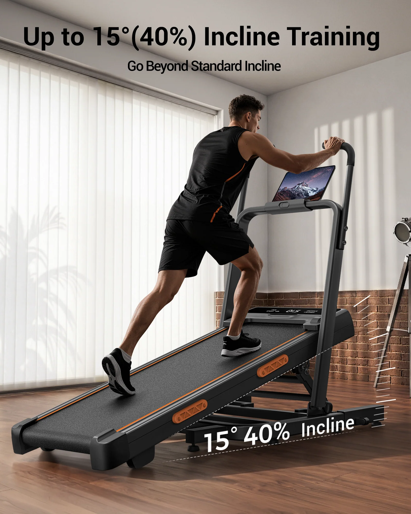 UMAY X5FD treadmill set at its maximum 15 degree, 40 percent incline