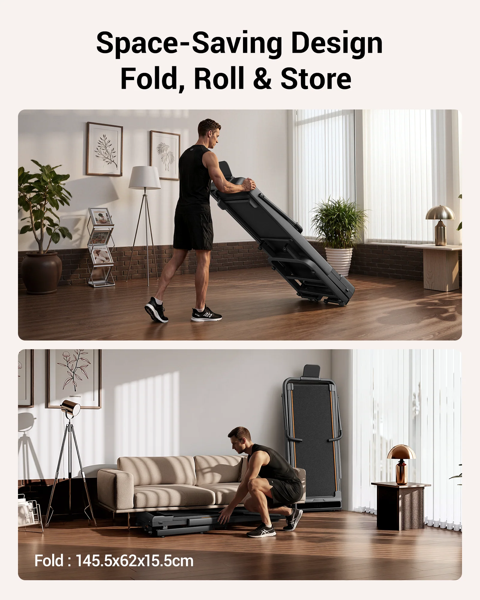 UMAY X5FD treadmill being folded, rolled and stored at home